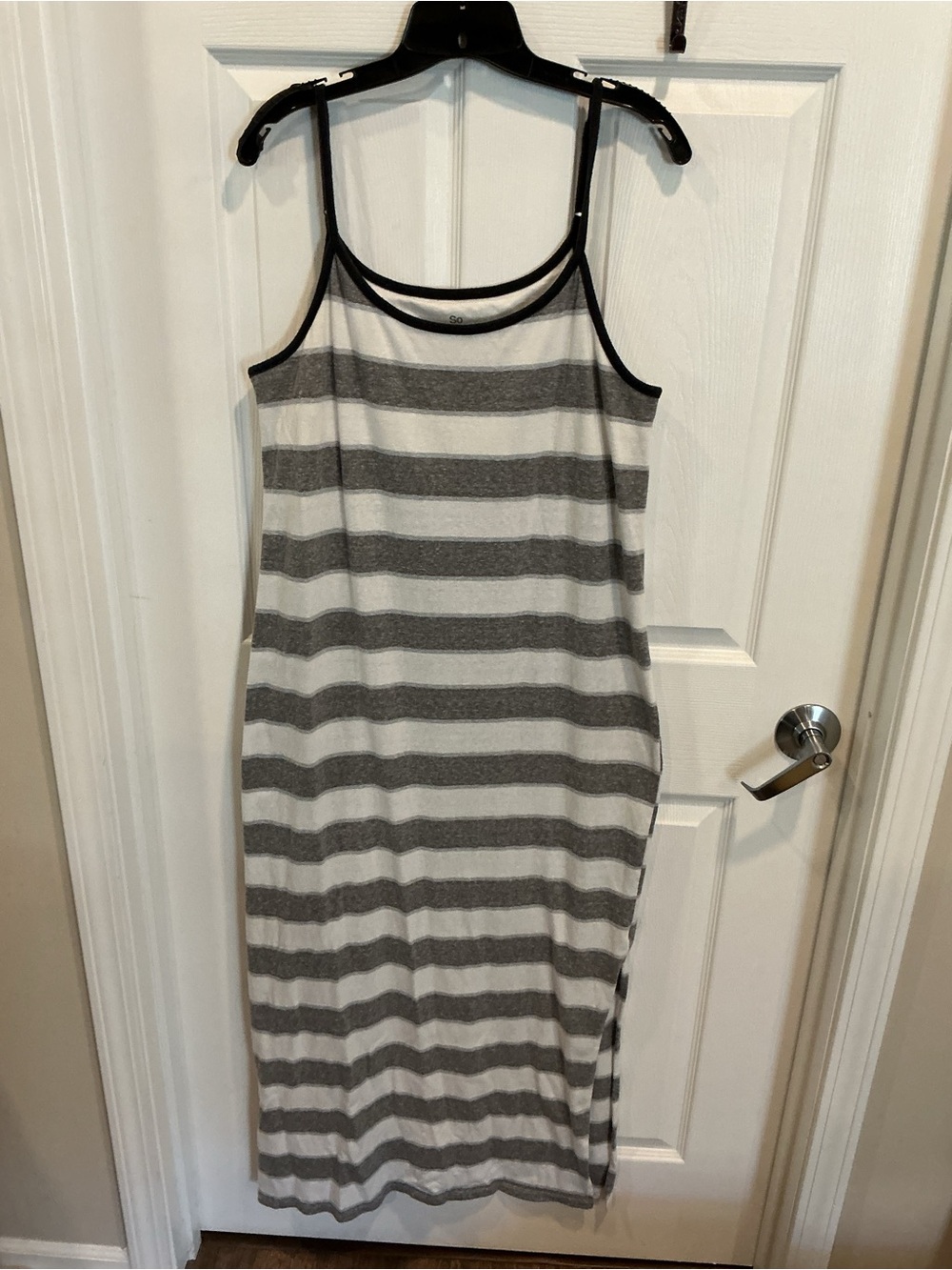 SO Gray and White Striped Spaghetti Strap Maxi Dress